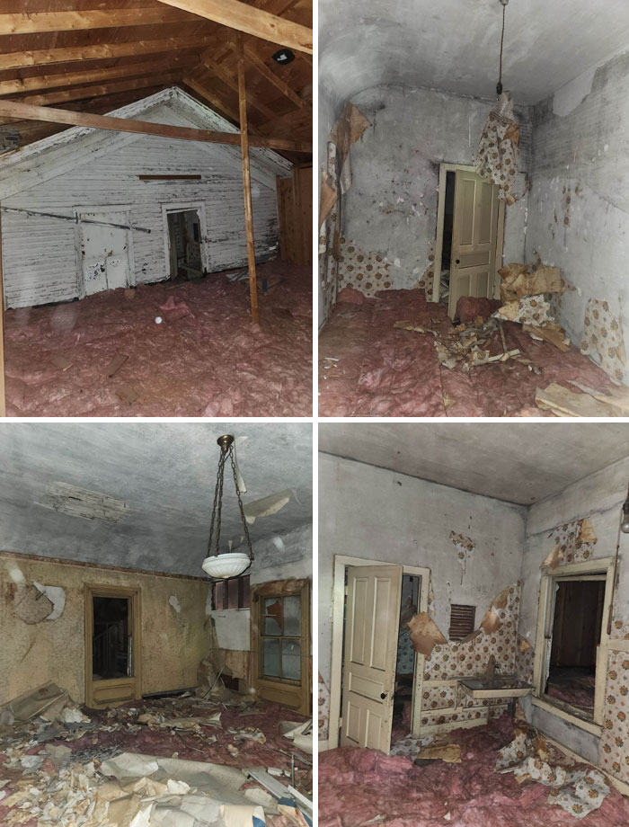 Dilapidated old home interiors with torn wallpaper, exposed insulation, and visible attic structure through floorboards.