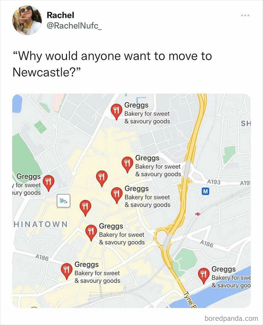 Tweet showing multiple Greggs bakery locations on a Newcastle map, highlighting popular British humor memes about the city.