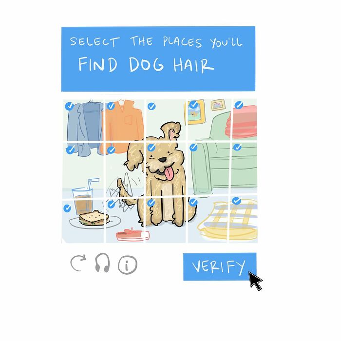 Hand-drawn comic showing a checkbox labeled Im not a robot with a submit button and cursor pointer.