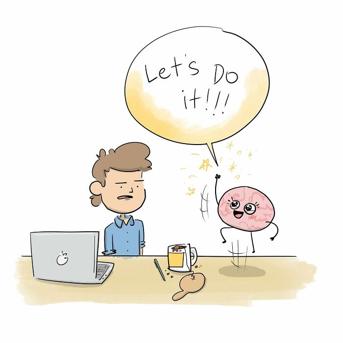 Person working on laptop being distracted by a funny comic brain with a paddle, illustrating arguing with their own brain.