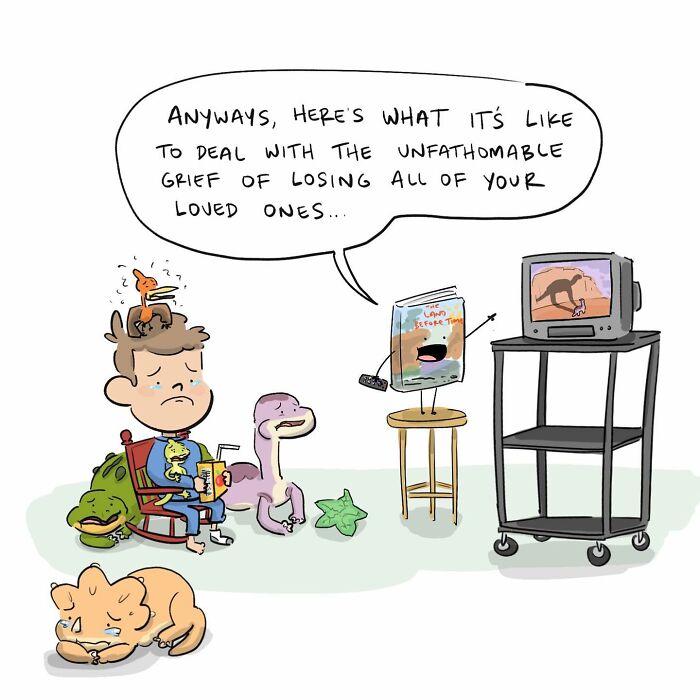 Handwritten comic title card reading watching The Land Before Time by Tim Brierley from funny comics about arguing with brain.