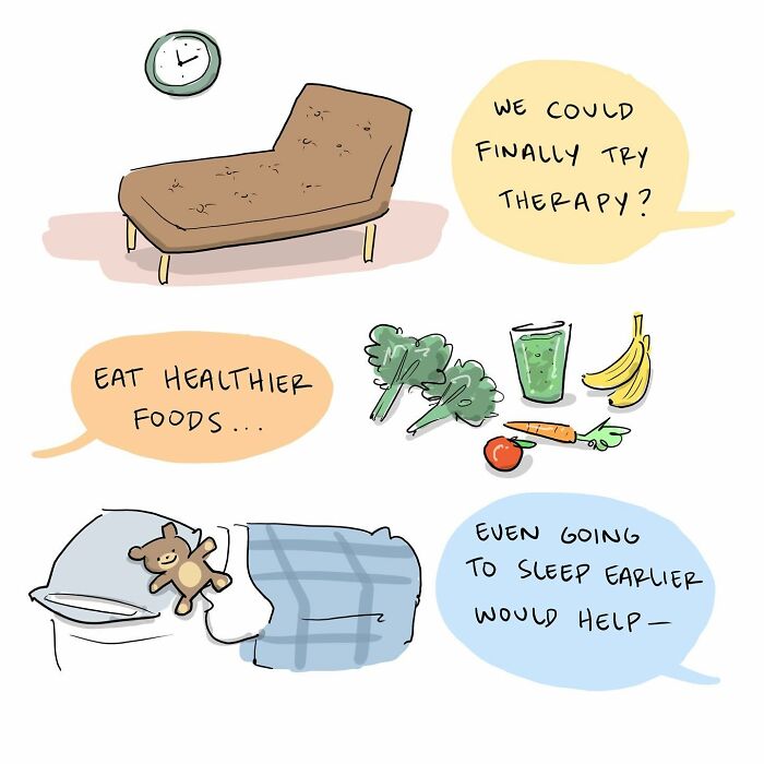 Cartoon of a person drawing with a walking brain beside them labeled walking with purpose, funny comics brain theme.