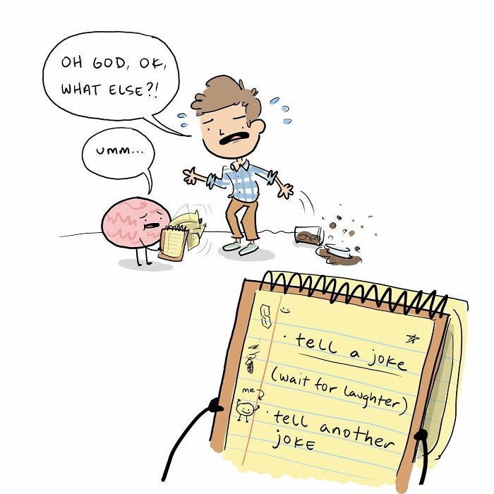 Cartoon of a man holding a smiling brain character with a balloon, illustrating funny comics about arguing with your brain.