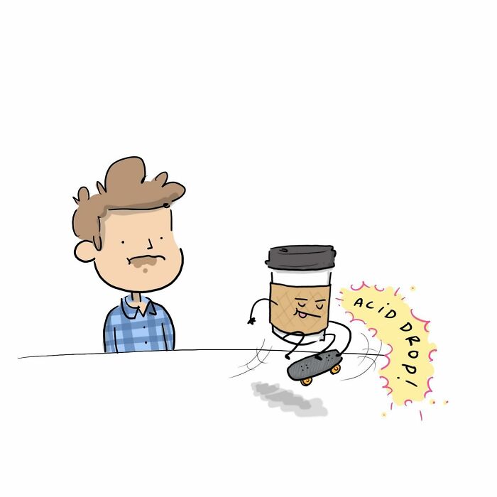 Funny comics showing a person talking to a walking coffee cup offering an energy boost in a humorous brain argument.