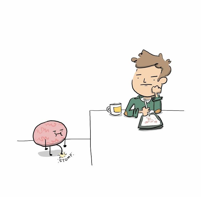 Funny comic showing a person arguing with their own brain about having more coffee at the table.