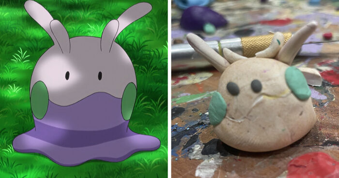 Poorly-made clay model of a favorite Pokémon next to a clear animated image of the original character.