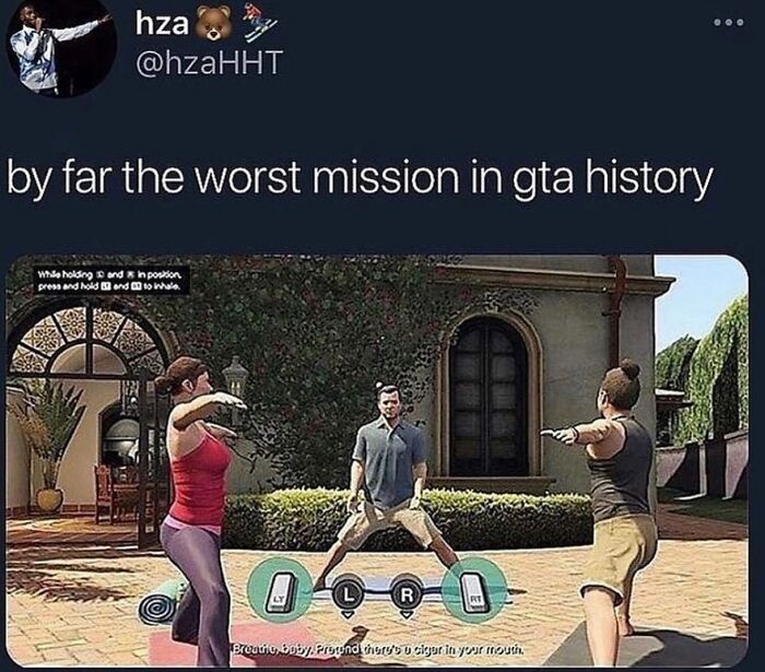GTA gameplay meme showing a difficult mission with characters in awkward positions and weird unhinged humor.