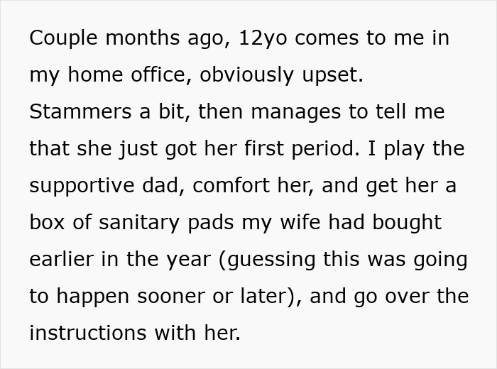 Text about 12-year-old daughter getting her first period and a supportive dad helping with menstruation guidance. Text about 12-year-old daughter getting her first period and a supportive dad helping with menstruation guidance.