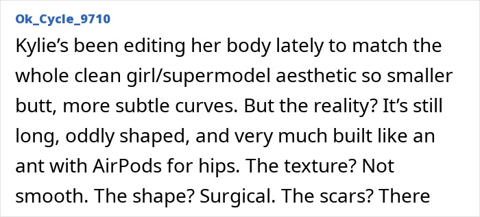 Text post discussing Kylie Jenner’s plastic surgery scar and changes to her body shape and texture. Text post discussing Kylie Jenner’s plastic surgery scar and changes to her body shape and texture.