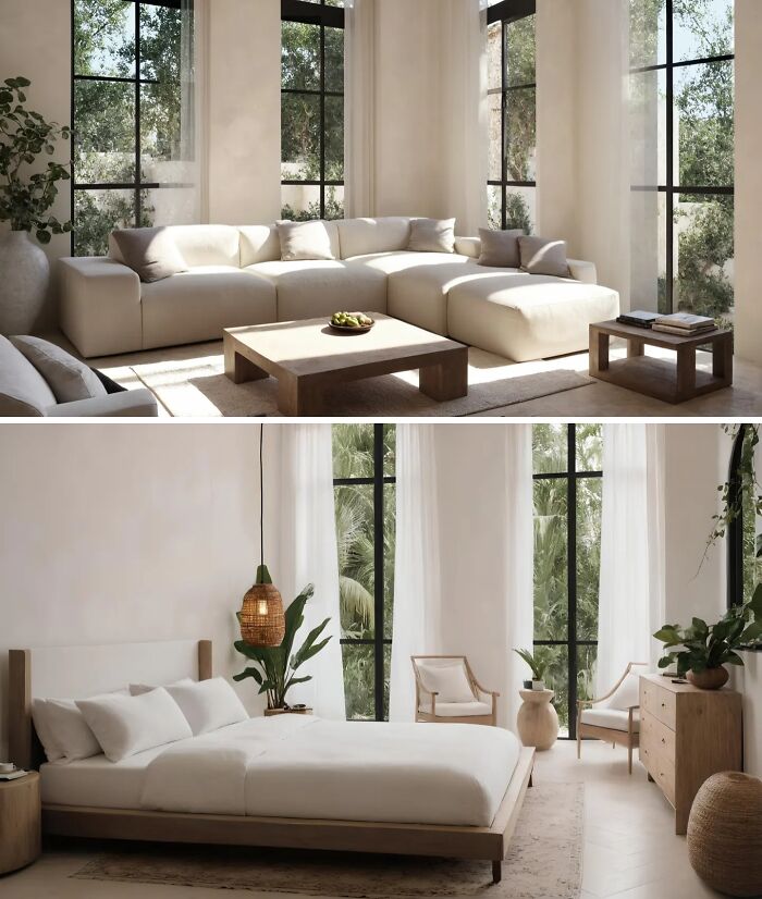 Modern apartment interiors featuring bright living and bedroom areas with large windows, natural light, and minimalist decor.