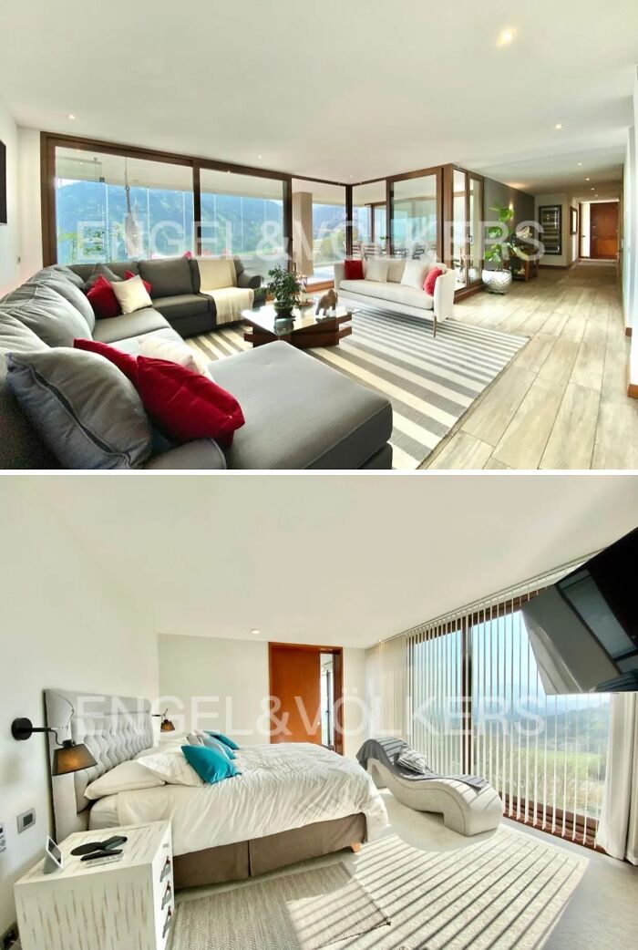 Spacious modern apartment interior with large windows, stylish living room and bright bedroom in a million dollar property.