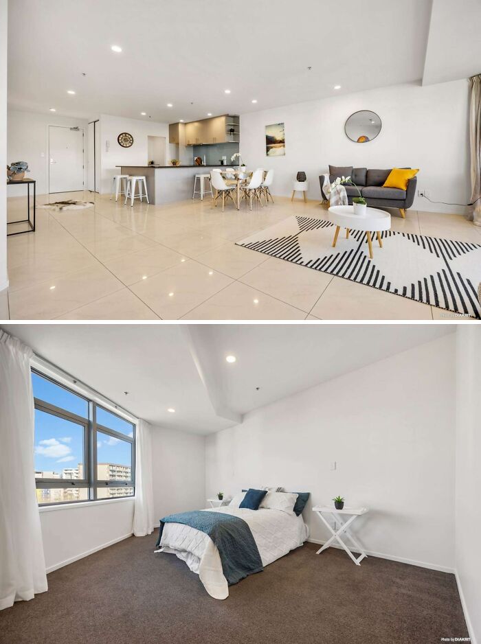 Modern apartment interior with open living space and bedroom, showcasing what 1 million buys in global apartment markets.