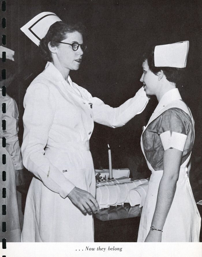 Vintage photo of nurses in traditional uniforms during a nursing ceremony symbolizing healing and hope in healthcare.