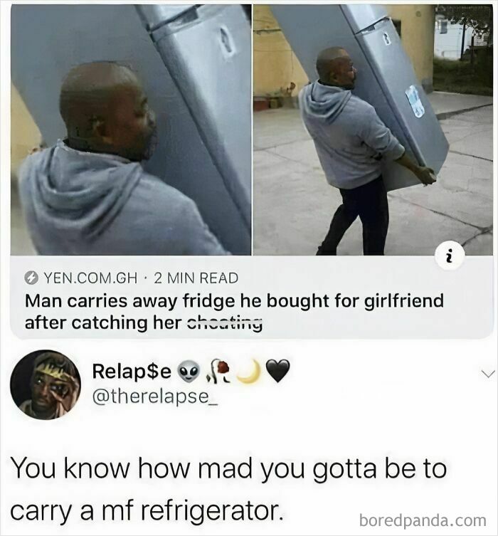 Man in gray hoodie carrying a large fridge outside with a funny caption about being mad enough to carry it meme.