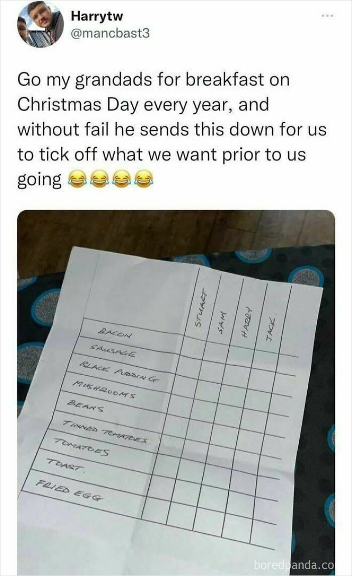 Tweet showing a handwritten breakfast checklist with food items and columns for family members, reflecting funny memes content.