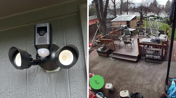 Smart security floodlight camera mounted outdoors with live video feed of backyard patio, showcasing Prime Day electronic deals.