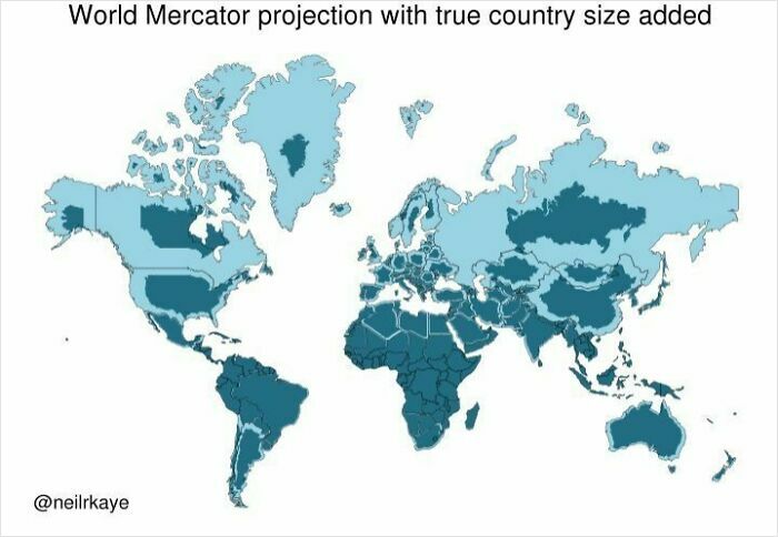 World Mercator projection map showing true country sizes with infographics and data to change perspectives on geography.