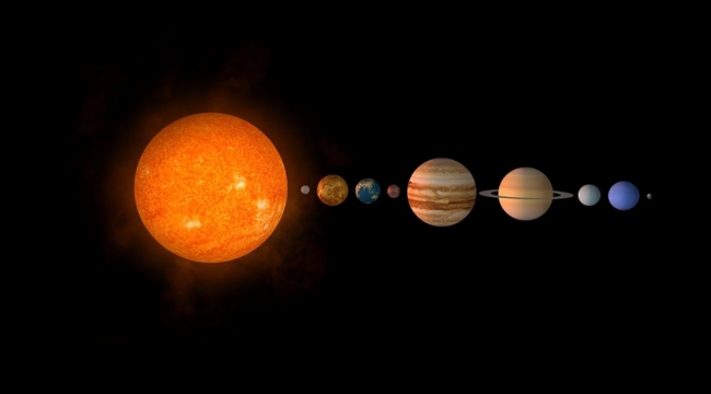 Solar system planets aligned from the sun, highlighting the planet known for its prominent rings, Saturn in space.
