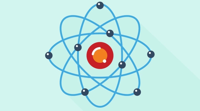 Illustration of an atom model showing the center or nucleus with electrons orbiting around it for science knowledge.