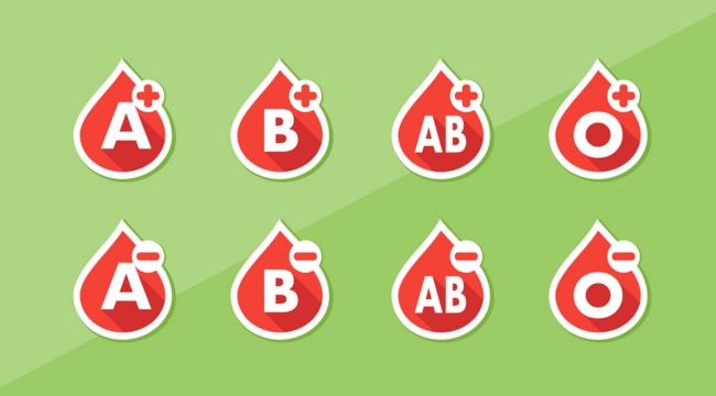 Illustration of common blood types A, B, AB, and O with positive and negative Rh factors on green background.