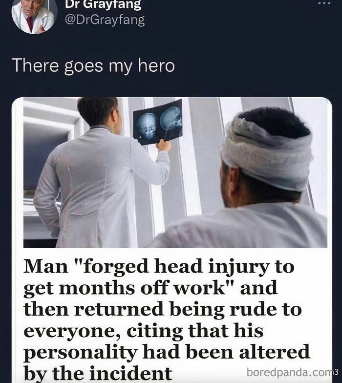 Man with bandaged head in hospital with doctor examining X-rays, a funny work meme about faking injury to avoid work.