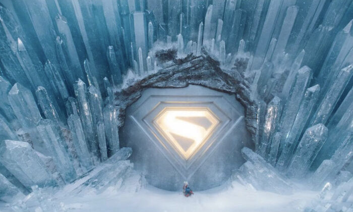 Superman symbol glowing inside an icy Fortress of Solitude with a lone figure standing below in a snowy landscape.