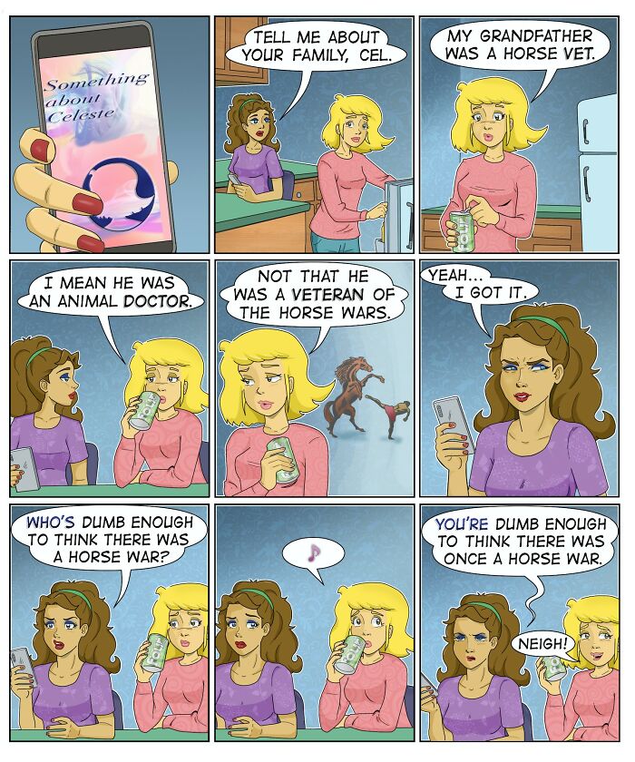 Comic strip by Eric Salinas featuring two women humorously discussing a misunderstanding about a horse vet and horse wars.