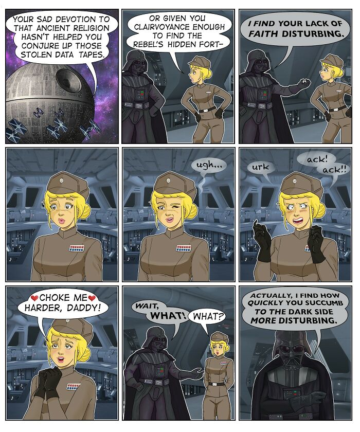 Comic panels featuring a humorous Star Wars scene, showcasing Eric Salinas’ relatable and funny comic style.
