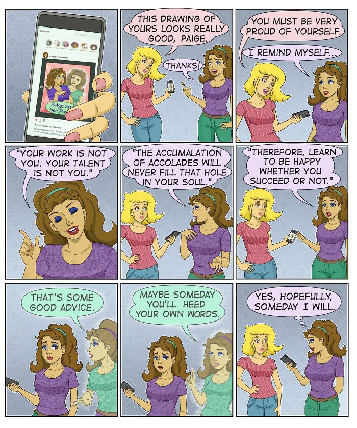 Comic strip by Eric Salinas showing two women discussing creativity, self-worth, and motivation in relatable comic style.