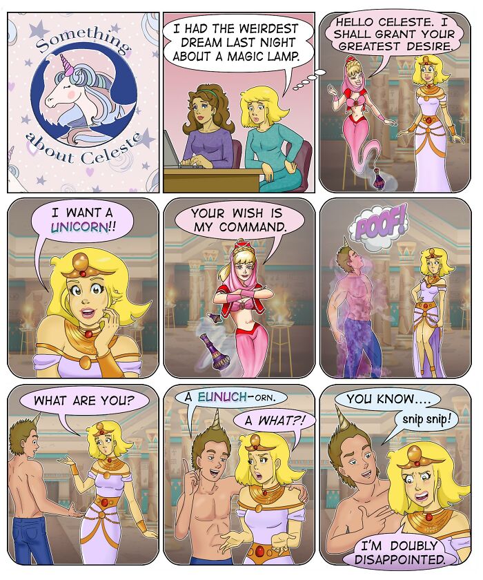 Comic strip by Eric Salinas showing a humorous magic lamp wish scenario with relatable and funny characters.