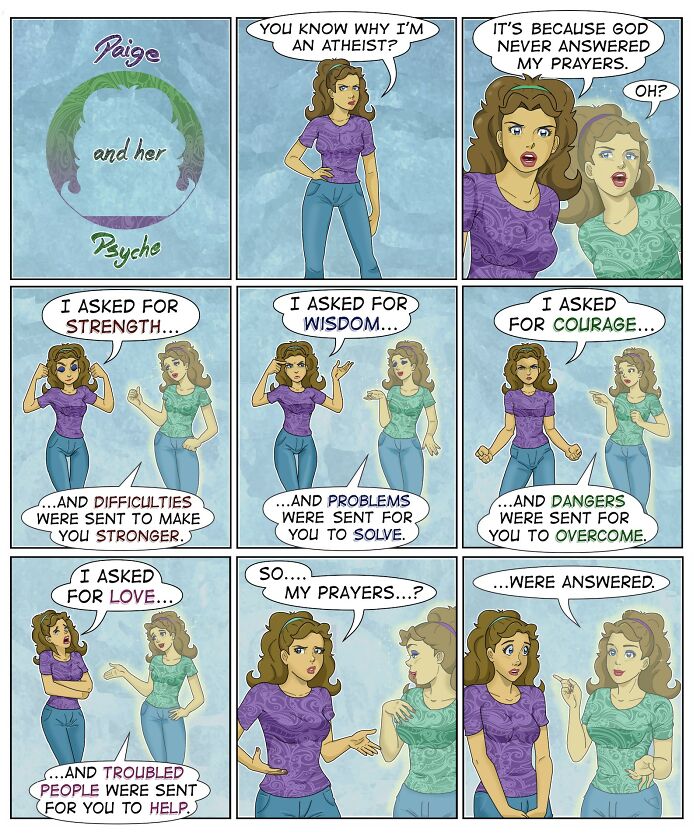 Comic strip by Eric Salinas showing a woman discussing strength, wisdom, courage, and answered prayers in relatable scenes.