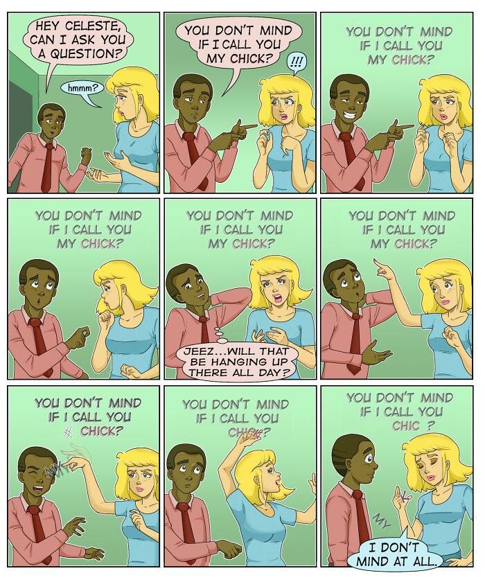 Comic strip by Eric Salinas showing a humorous conversation with relatable and funny moments about calling someone chick.