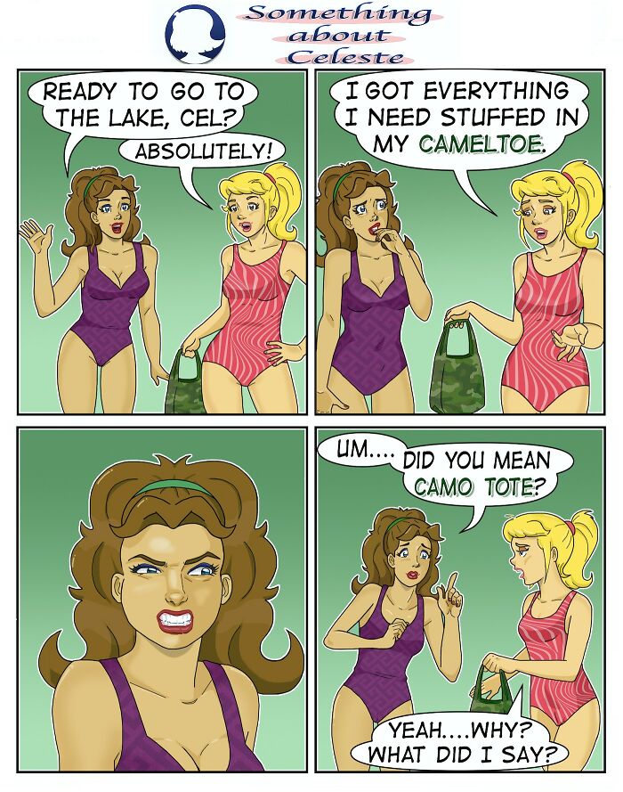 Comic strip by Eric Salinas showing two women in swimsuits humorously misunderstanding the word camo tote.