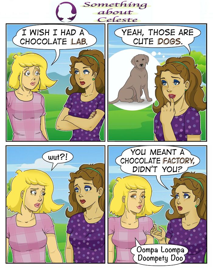 Two women in a comic strip humorously discuss a mix-up between chocolate lab dogs and a chocolate factory.