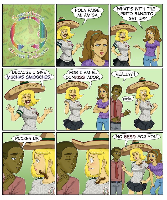 Comic strip by Eric Salinas featuring characters in humorous, relatable scenes with Mexican-themed hats and dialogue.