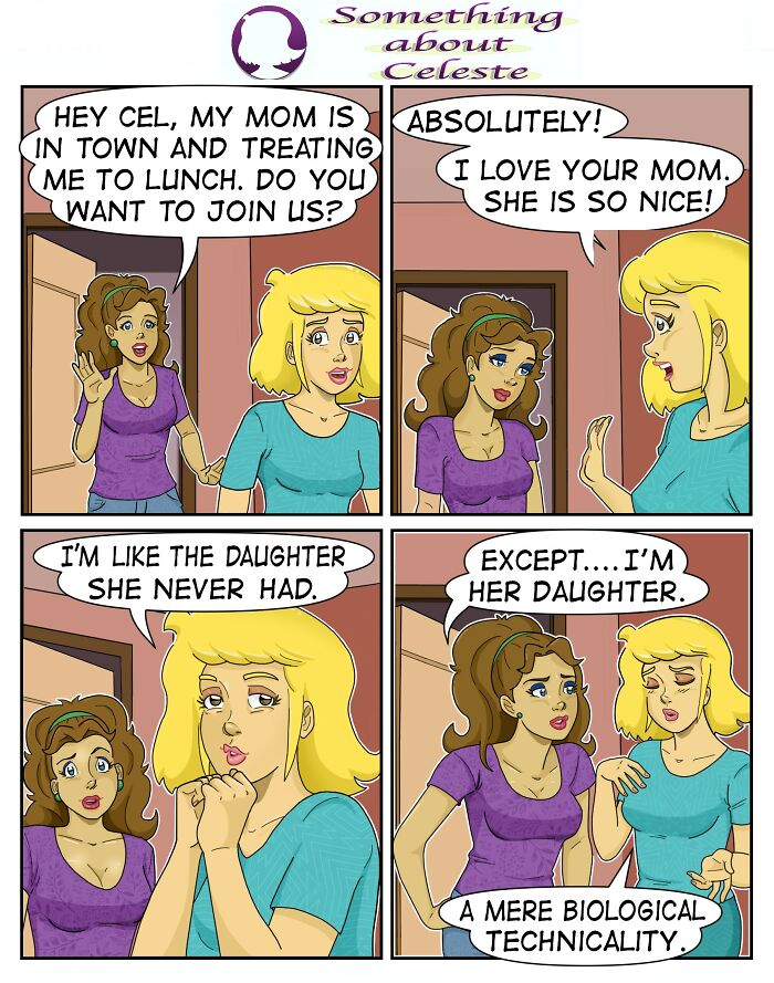 Comic by Eric Salinas showing two women discussing family dynamics in a relatable and humorous way.