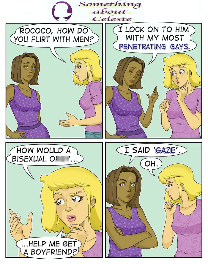 Relatable comic by Eric Salinas featuring two women humorously discussing flirting and bisexuality in four panels.