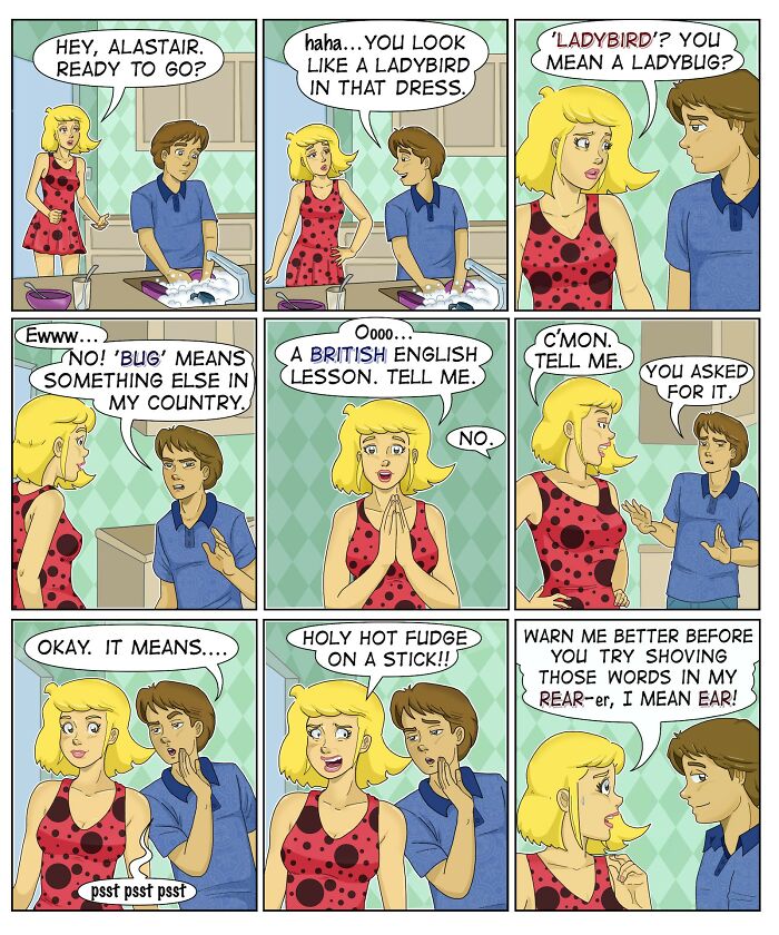 Comic strip by Eric Salinas featuring a humorous conversation about British English vocabulary and cultural differences.