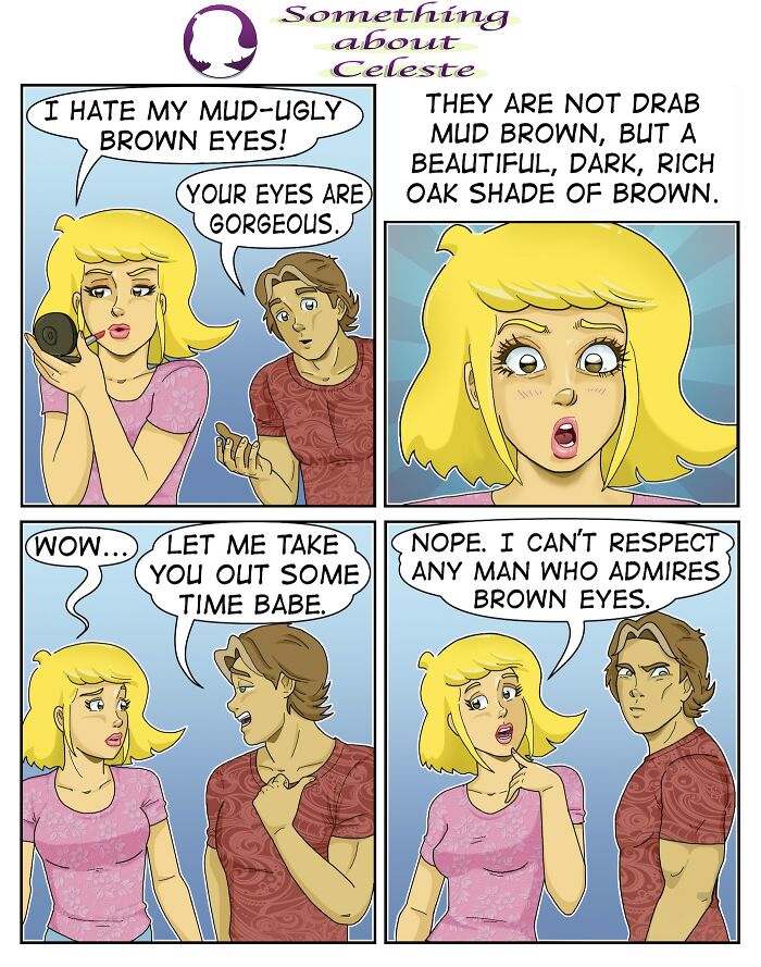 Comic by Eric Salinas showing a humorous conversation about brown eyes between a blonde woman and a man.