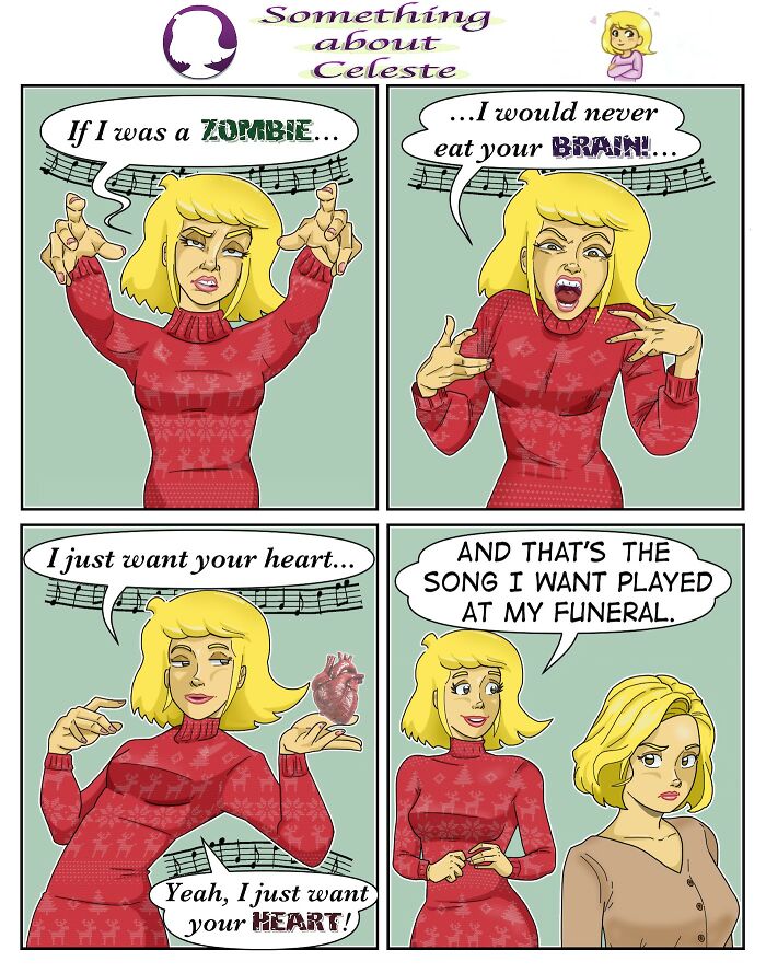 Comic by Eric Salinas showing a blonde woman making funny zombie gestures and talking about wanting your heart.