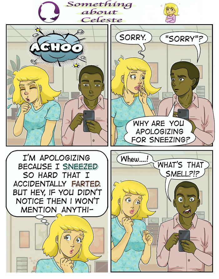 Comic by Eric Salinas showing a relatable office scene where a sneeze leads to an awkward apology and funny moment.