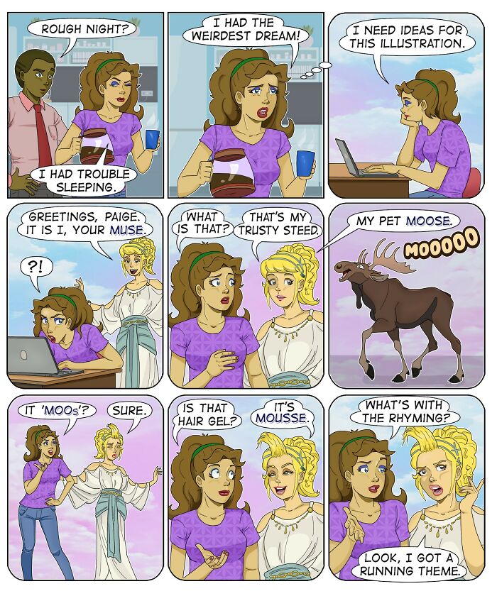Comic strip by Eric Salinas features relatable humor with a woman and her muse discussing creative ideas and moose puns.