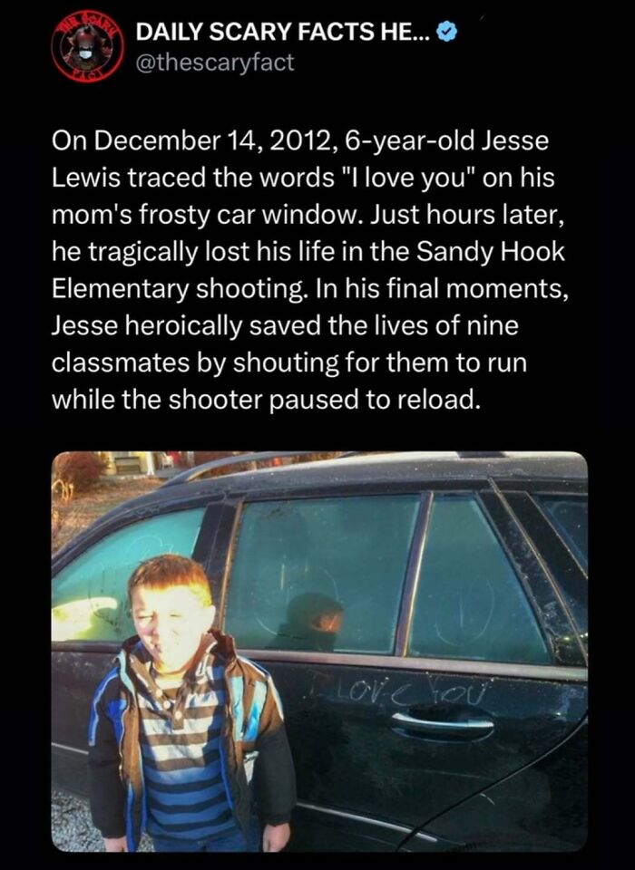 Screenshot of a scary fact post about a heroic 6-year-old boy in a tragic shooting, illustrating scary fact and darkness. Screenshot of a scary fact post about a heroic 6-year-old boy in a tragic shooting, illustrating scary fact and darkness.