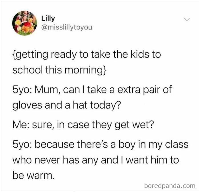 Wholesome story of a child asking to bring an extra pair of gloves and hat to keep a classmate warm.