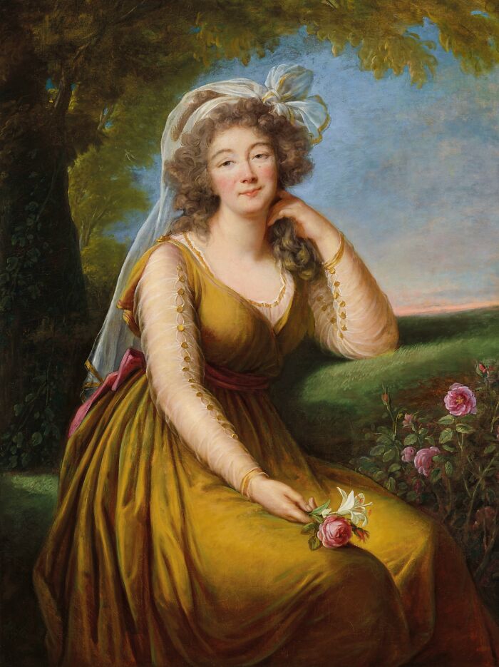 Portrait of a courtesan in historic attire holding flowers outdoors, symbolizing courtesans who became power players in history.