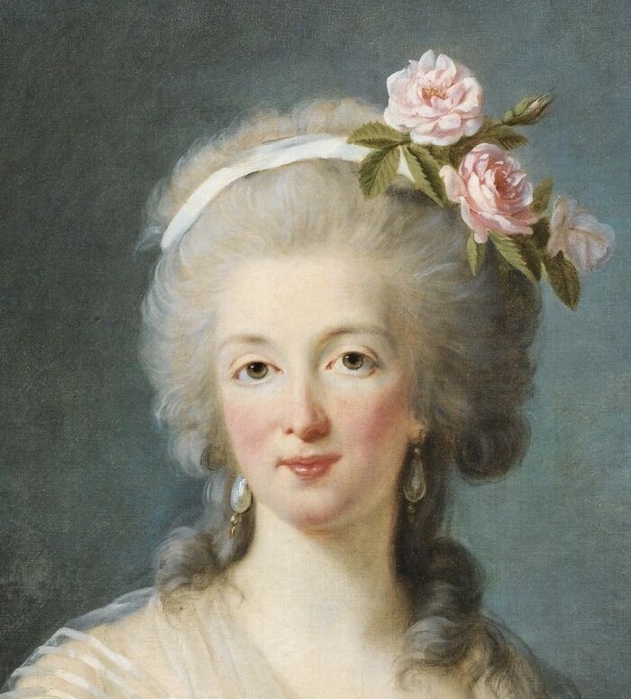Portrait of a historic courtesan with flowers in her hair, representing courtesans who became power players in history.