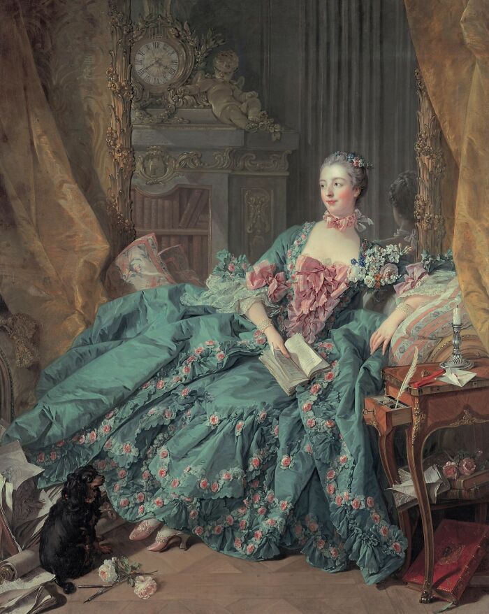 Elegant courtesan in elaborate 18th-century dress reclining with book, illustrating courtesans as power players in history.