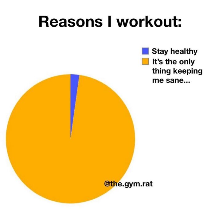 Pie chart showing reasons for working out with most choosing sanity over staying healthy, a funny gym meme.