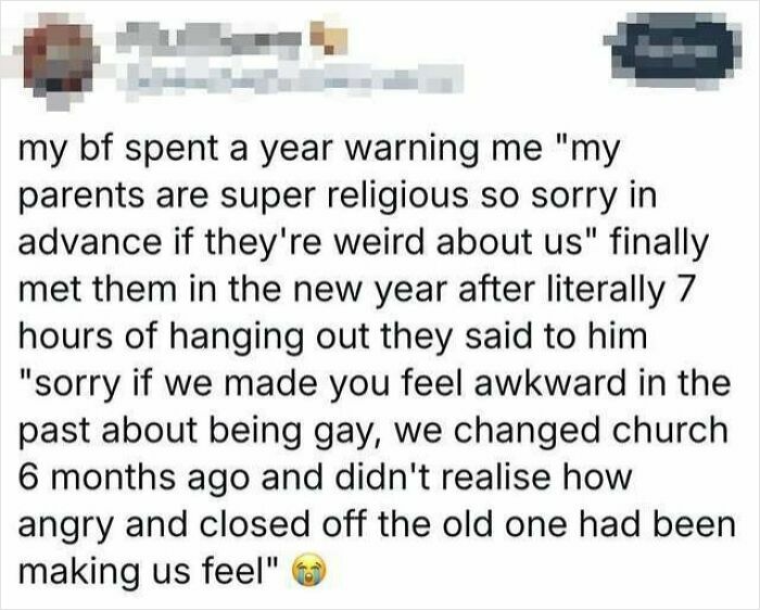 Screenshot of a positive social media post sharing a heartfelt story about acceptance and change in a family.