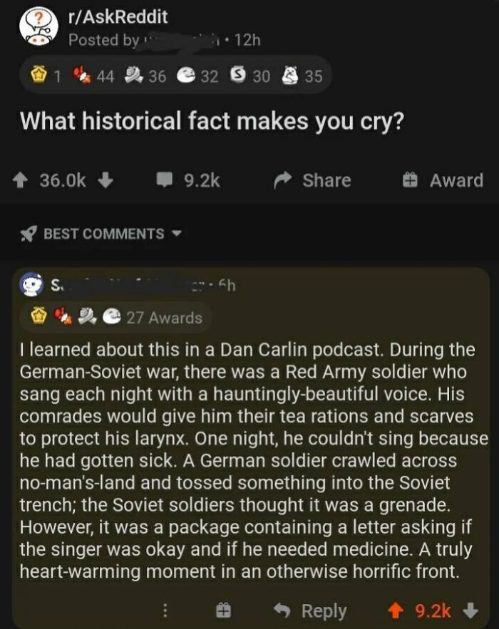 Reddit post sharing a heartwarming historical fact about a Red Army soldier and kindness during the German-Soviet war.